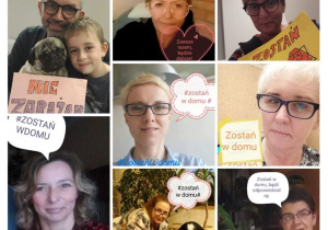 zdjęcie przedstawia nauczycieli,wychowawców i pracowników SOSW NR3 promujących akcję #zostań w domu