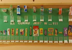 Zdjęcie przedstawia ile cukru zawieraja poszczególne produkty spożywcze.